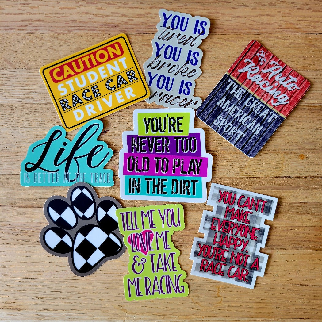 Eight new 4 Left Turns racing stickers.