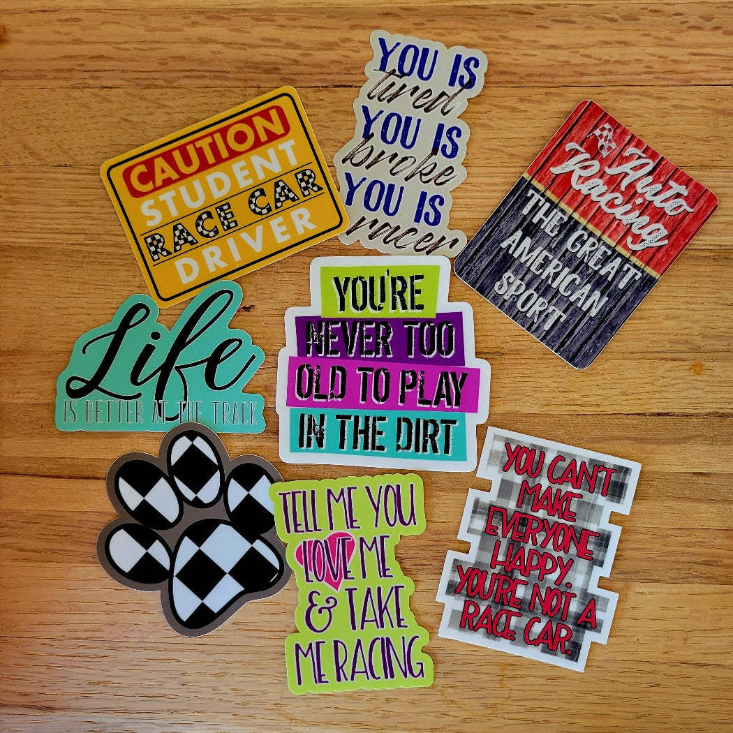 New group of eight racing stickers.