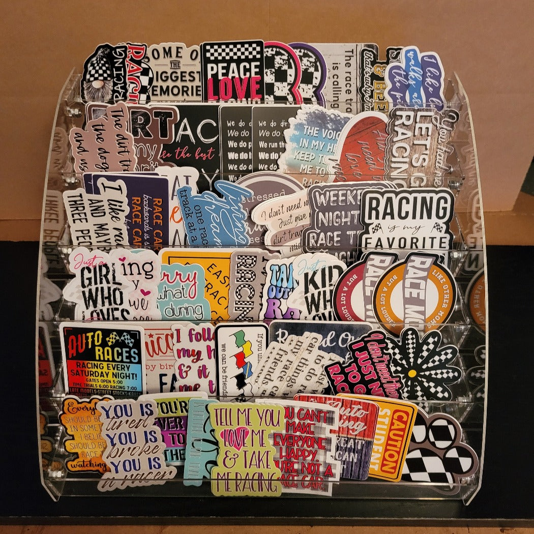 4 Left Turns racing themed stickers display.