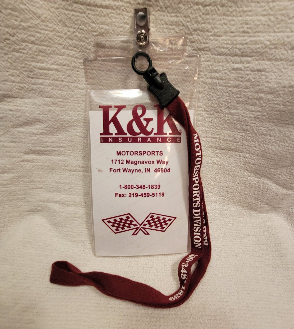 K&K Racing Insurance Media Credential lanyards. Available on 4 Left Turns.