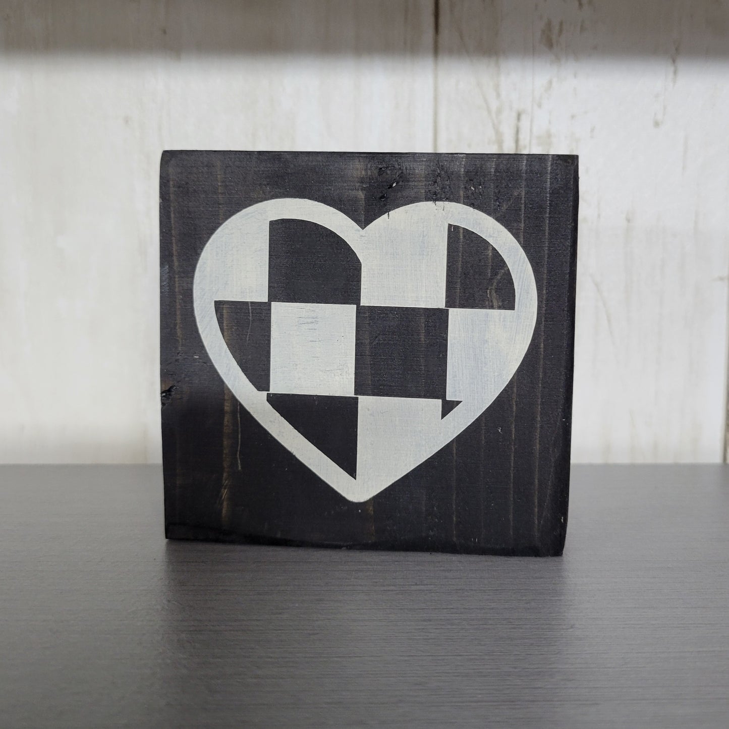 Checkered Heart Wood Block Scrappy Sign