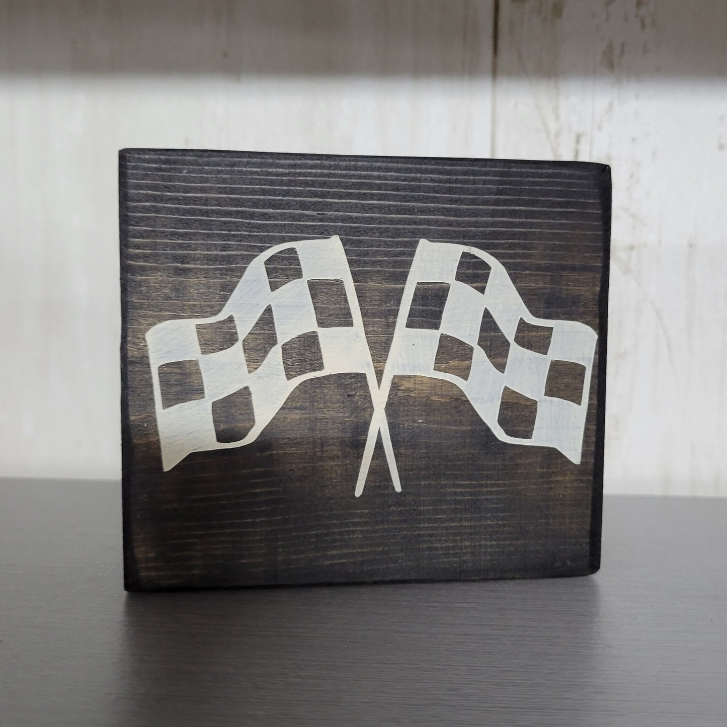 Crossed Checkered Flags Wood Block Scrappy Sign