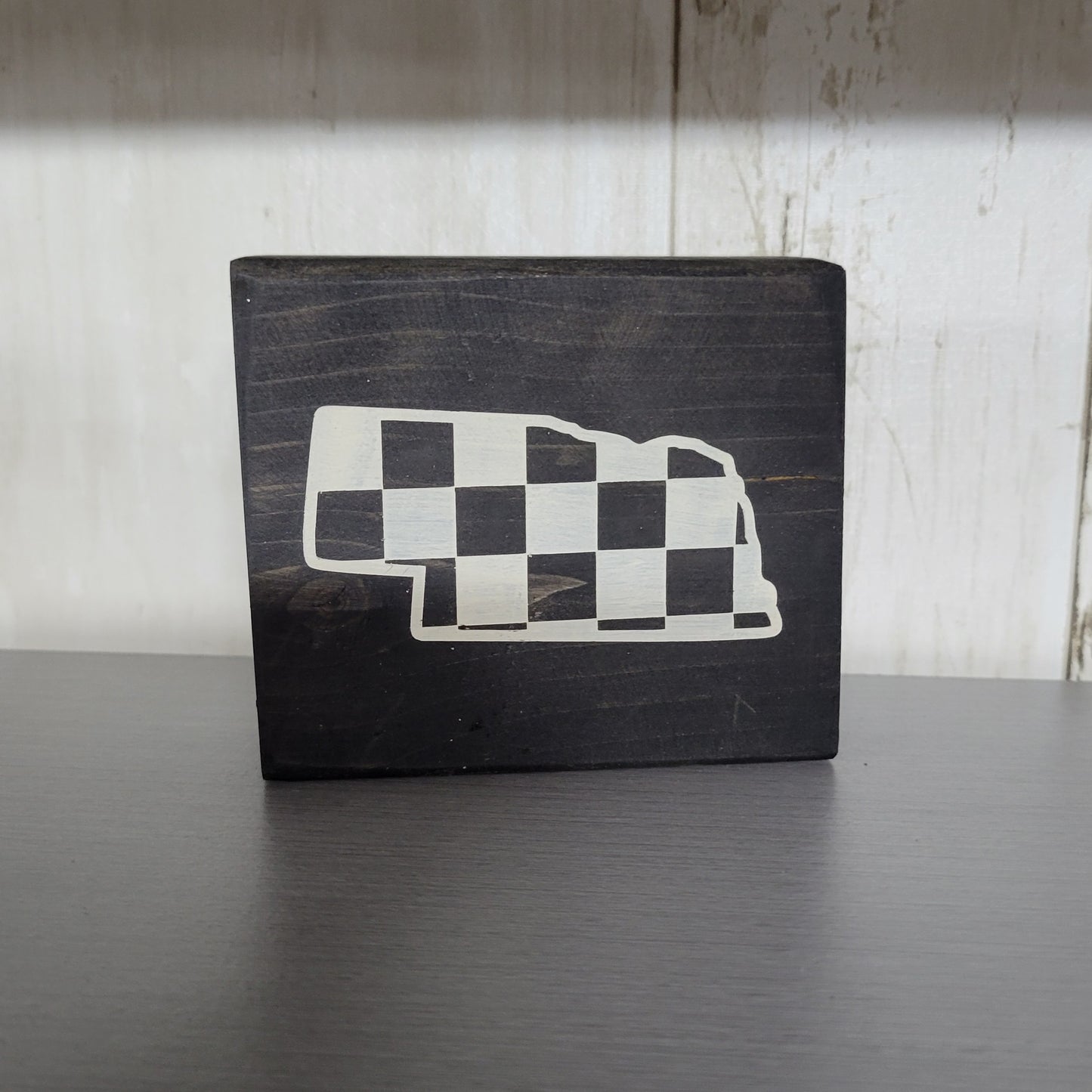 Checkered Nebraska Wood Block Scrappy Sign