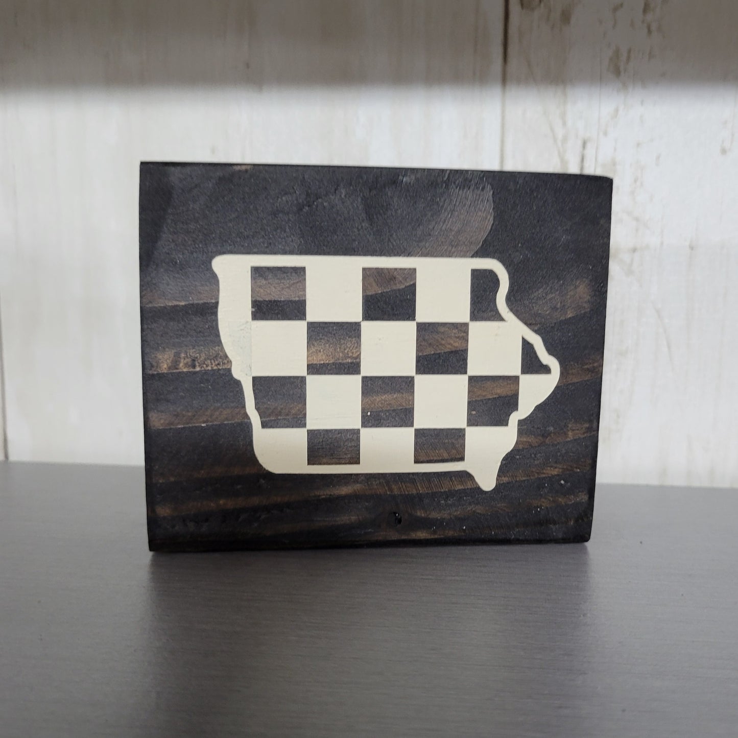Checkered Iowa Wood Block Scrappy Sign