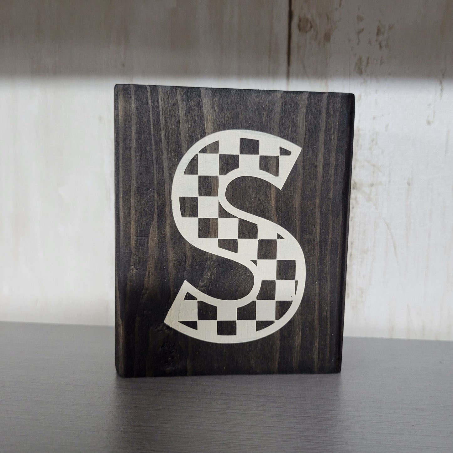 Checkered Letter S Wood Block Scrappy Sign
