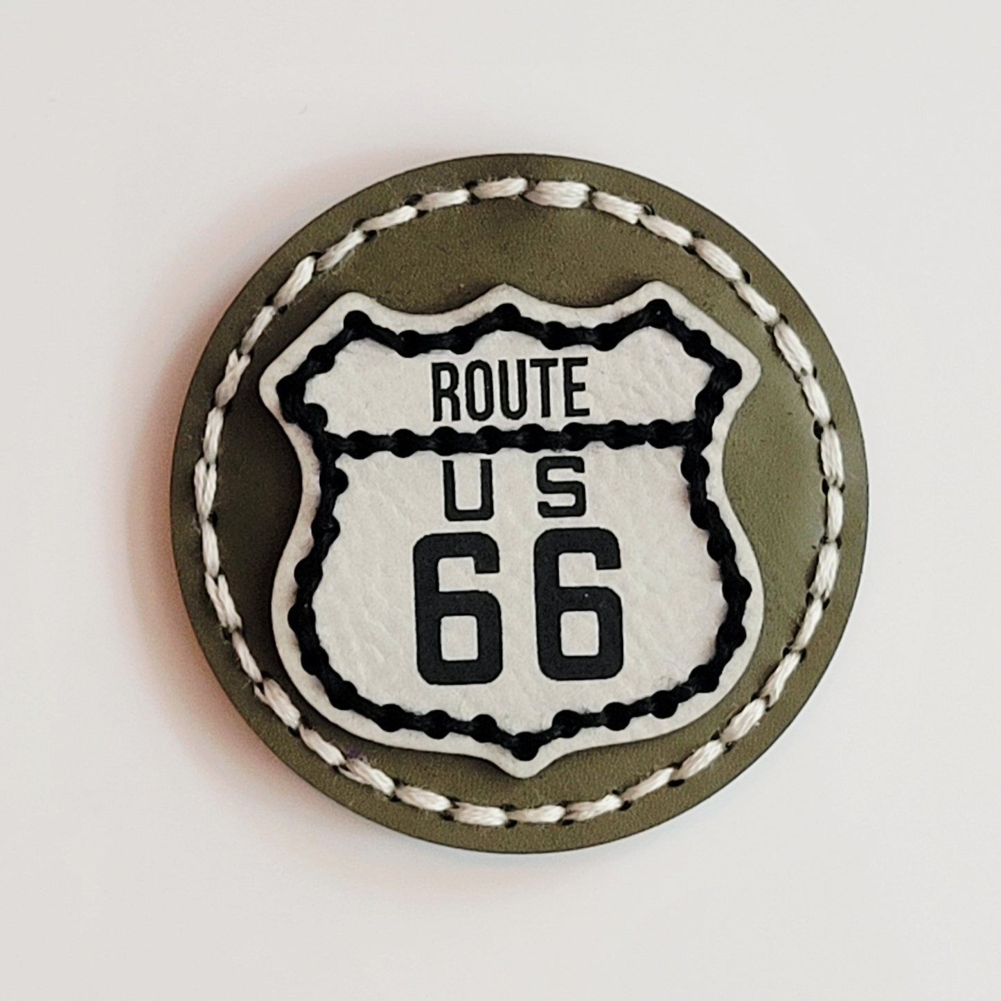 Route 66 Olive Round Hand-Stitched Magnet