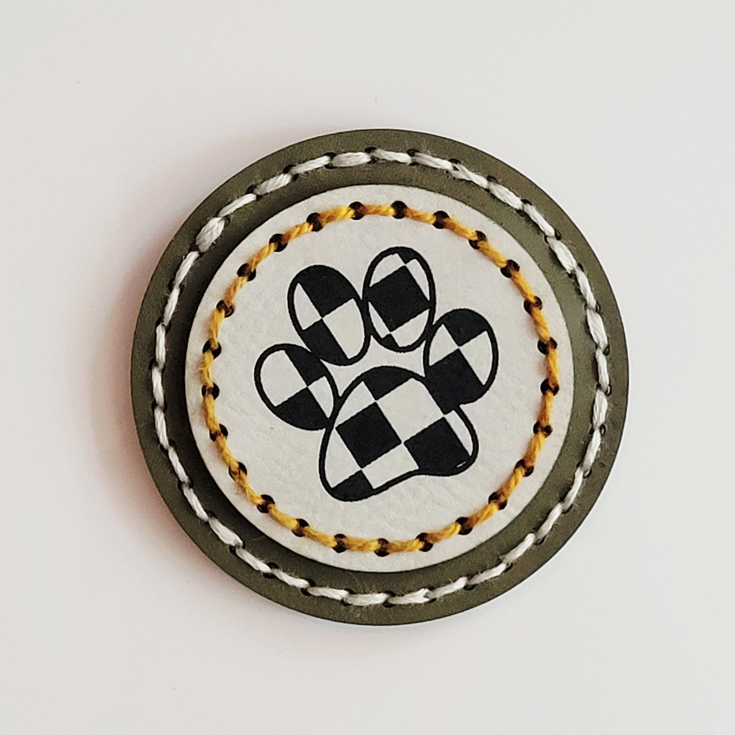 Checkered Paw Print Round Hand-Stitched Magnet