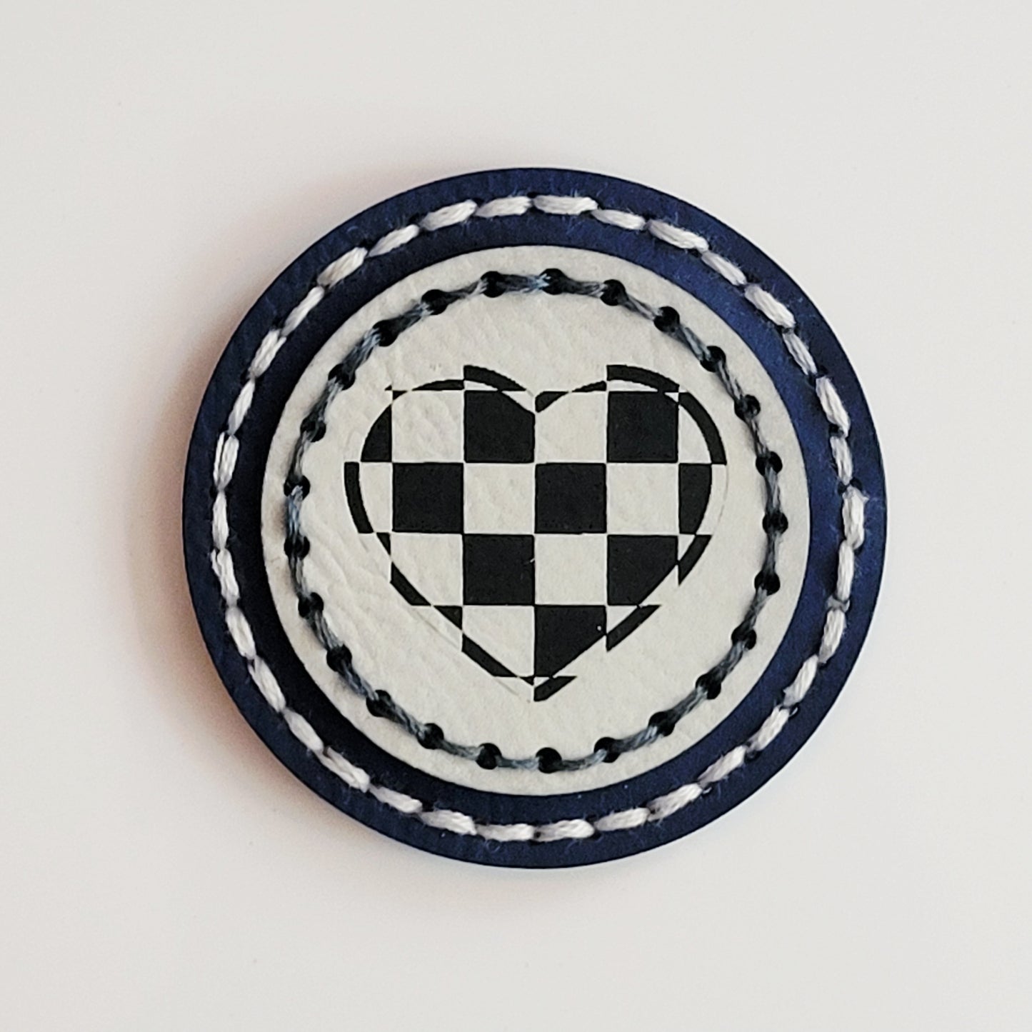 Checkered Heart Round Hand-Stitched Magnet