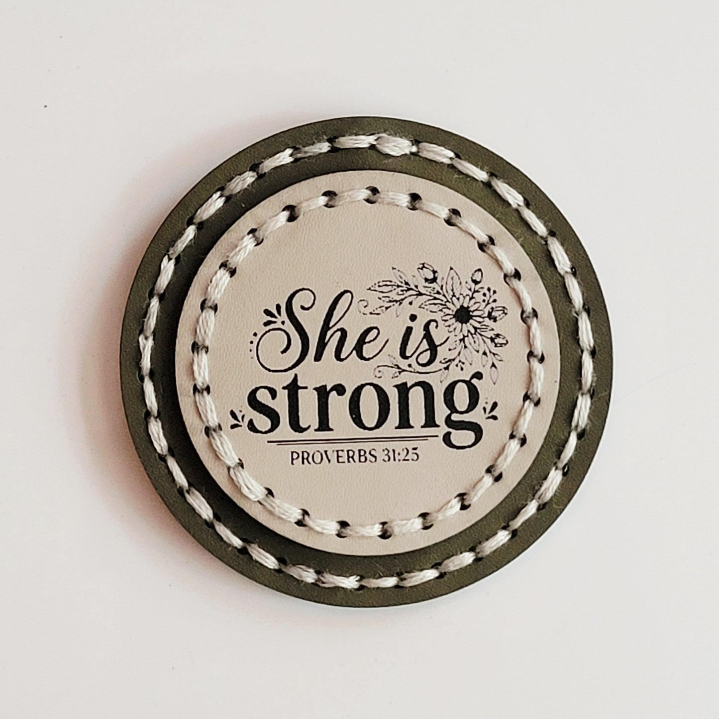 She is Strong Round Hand-Stitched Magnet
