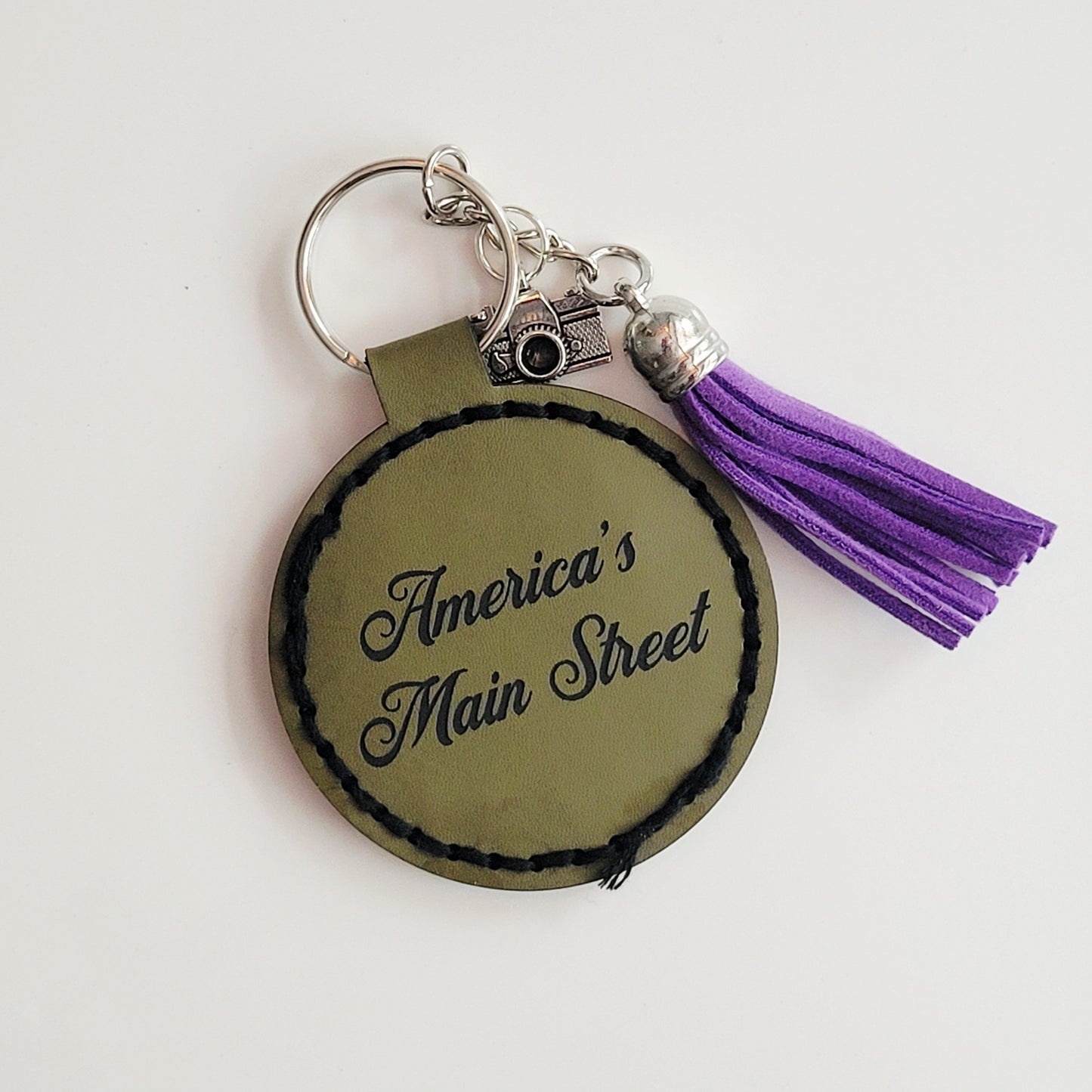Route 66 Olive Round Hand-Stitched Key Ring