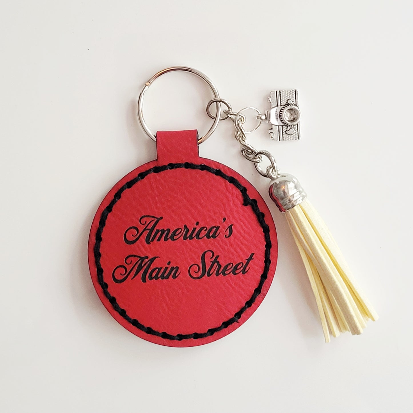 Route 66 Red Round Hand-Stitched Key Ring