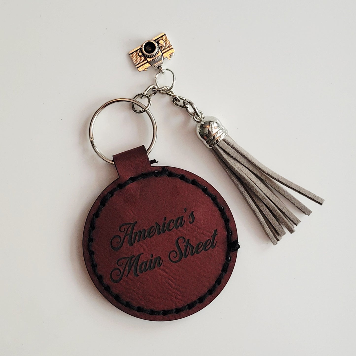 Route 66 Maroon Round Hand-Stitched Key Ring