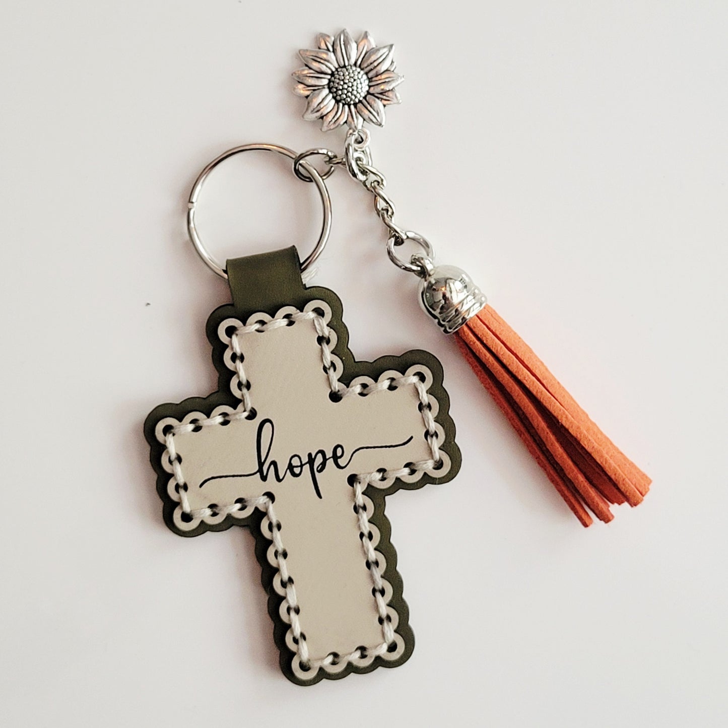 Hope Cross Hand-Stitched Key Ring Olive