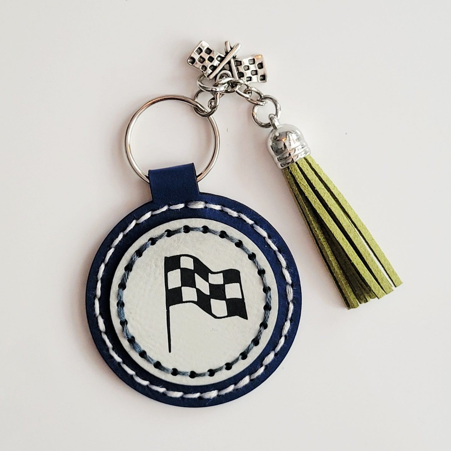 Checkered Flag Round Hand-Stitched Key Ring