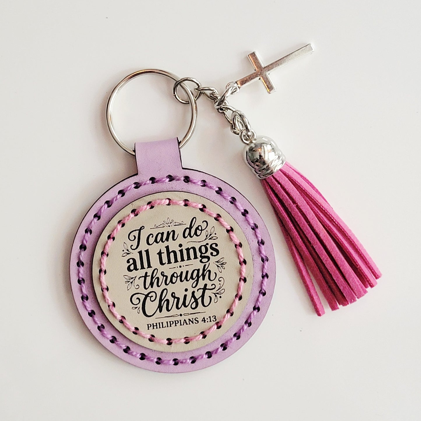 I Can Do All Things Round Hand-Stitched Key Ring