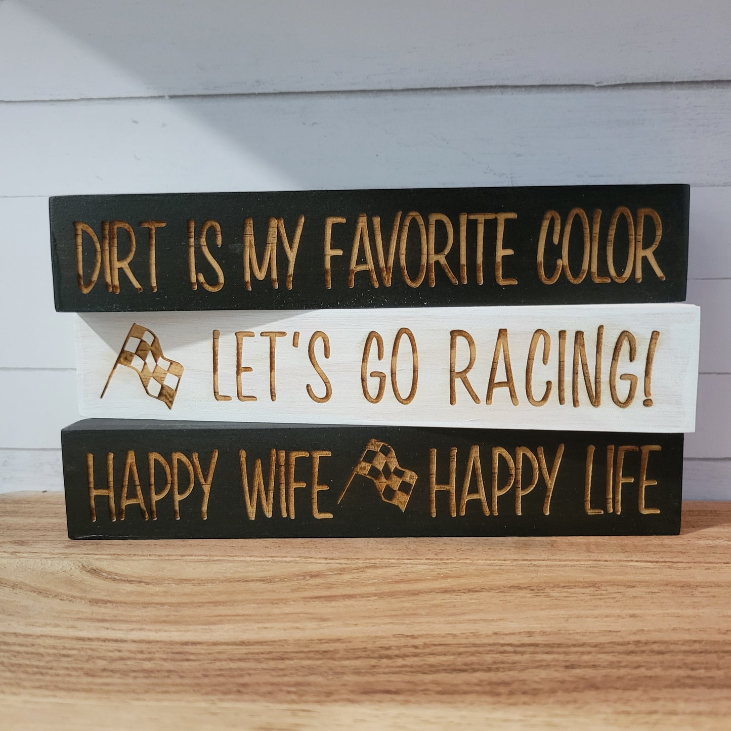 Tiny Wood Block Laser Engraved Racing Signs
