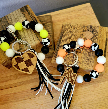 Glow-in-the-Dark Neon Wavy Checkered Flag Silicone Bead Wristlet Bracelet Key Ring with Charm