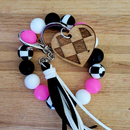 Glow-in-the-Dark Neon Wavy Checkered Flag Silicone Bead Wristlet Bracelet Key Ring with Charm