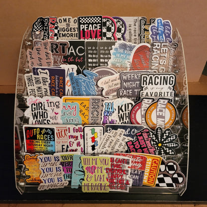 4 Left Turns racing themed stickers display.