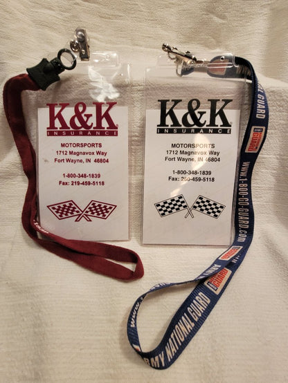 K&K Racing Insurance Media Credential lanyards. Available on 4 Left Turns.