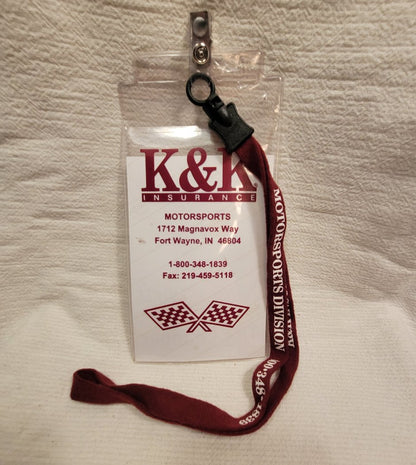 K&K Racing Insurance Media Credential lanyards. Available on 4 Left Turns.