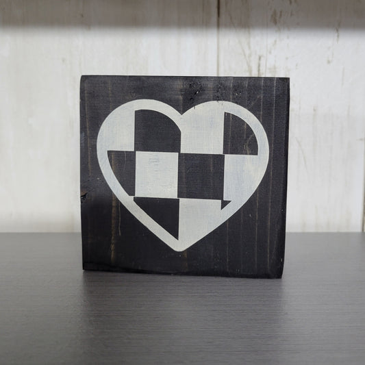 Checkered Heart Wood Block Scrappy Sign