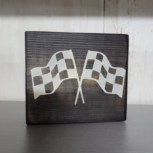 Crossed Checkered Flags Wood Block Scrappy Sign