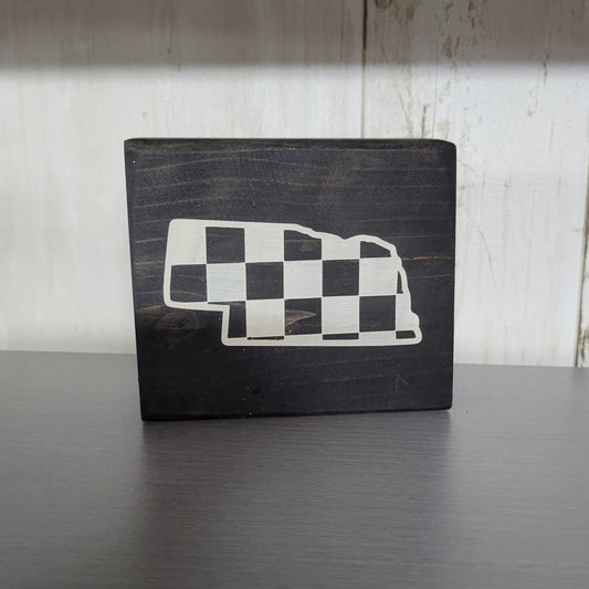 Checkered Nebraska Wood Block Scrappy Sign