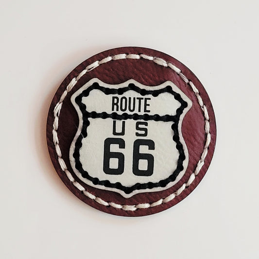 Route 66 Maroon Round Hand-Stitched Magnet
