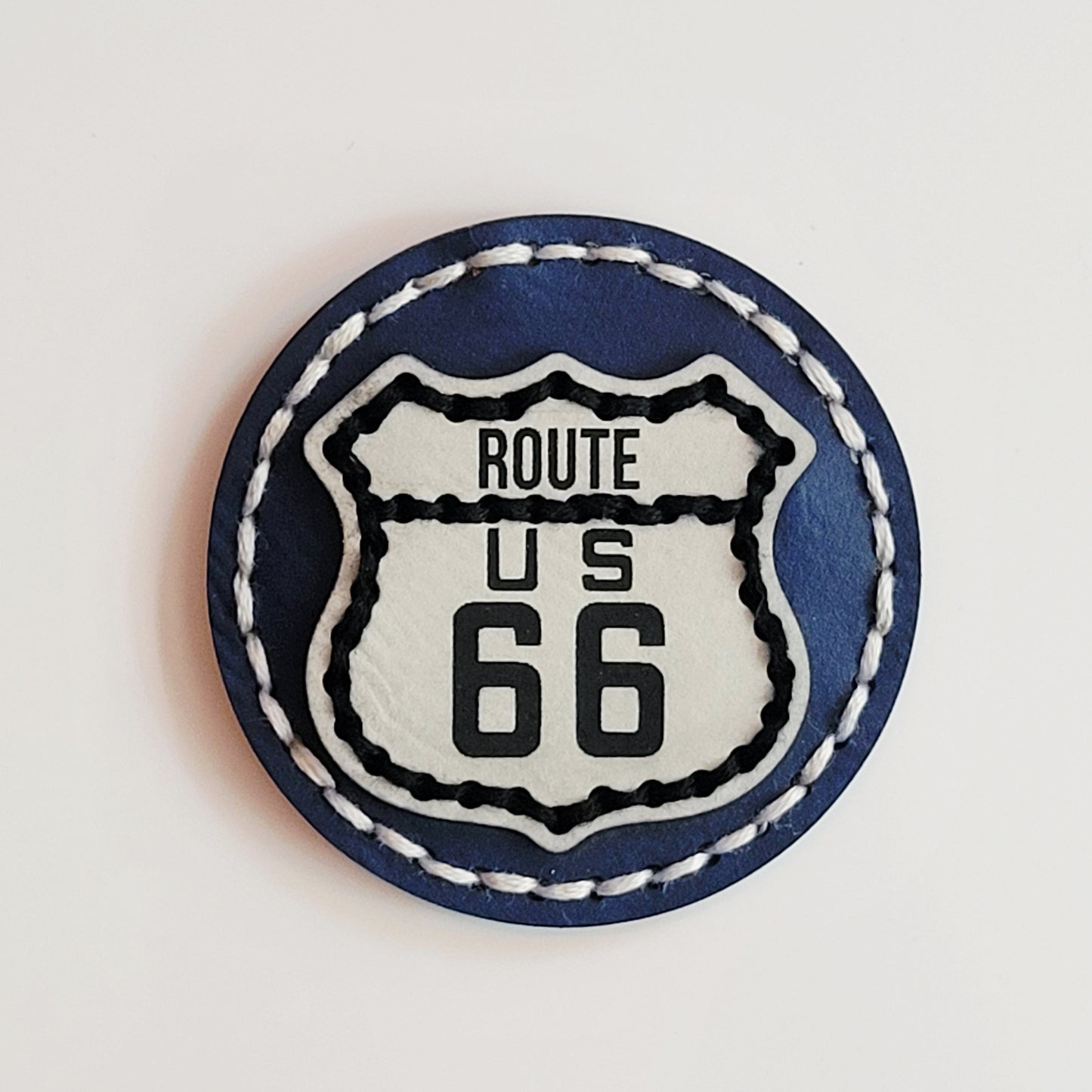 Route 66 Navy Round Hand-Stitched Magnet