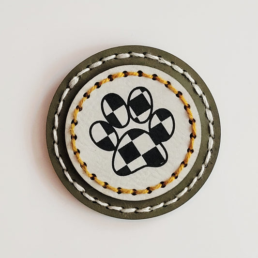 Checkered Paw Print Round Hand-Stitched Magnet