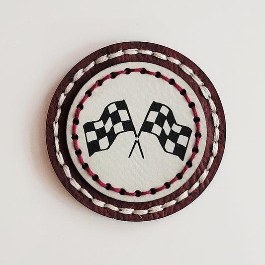 Crossed Checkered Flags Round Hand-Stitched Magnet