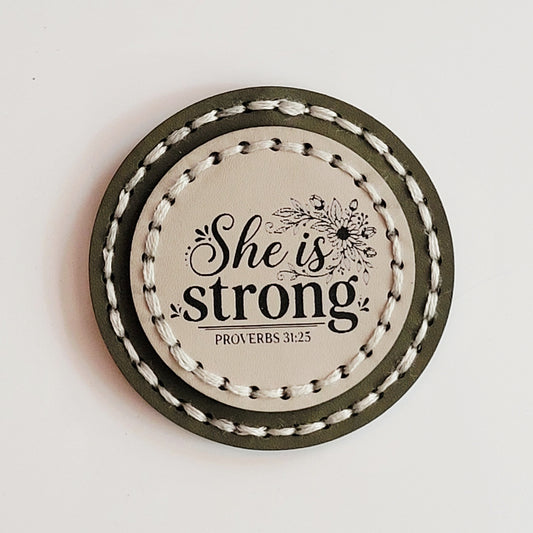 She is Strong Round Hand-Stitched Magnet