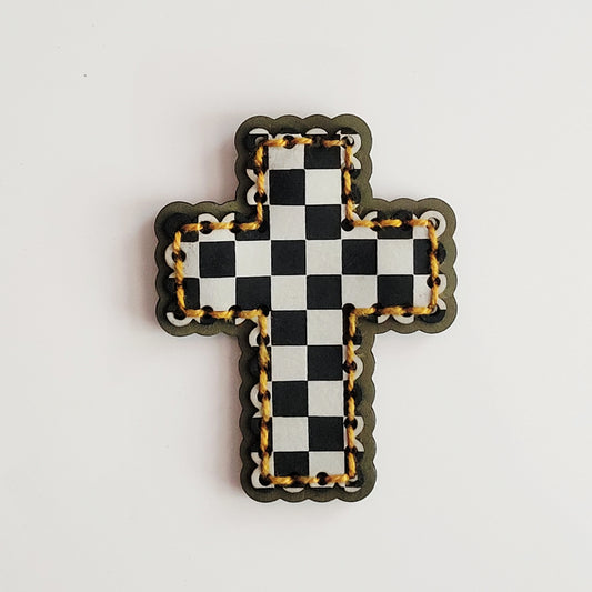 Checkered Cross Hand-Stitched Magnet