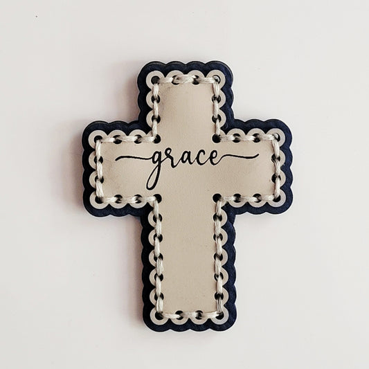 Grace Cross Navy Hand-Stitched Magnet