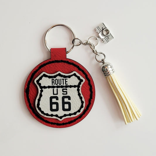 Route 66 Red Round Hand-Stitched Key Ring