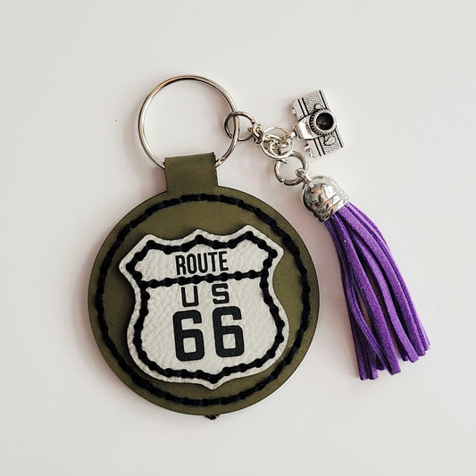 Route 66 Olive Round Hand-Stitched Key Ring