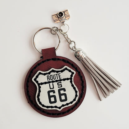 Route 66 Maroon Round Hand-Stitched Key Ring