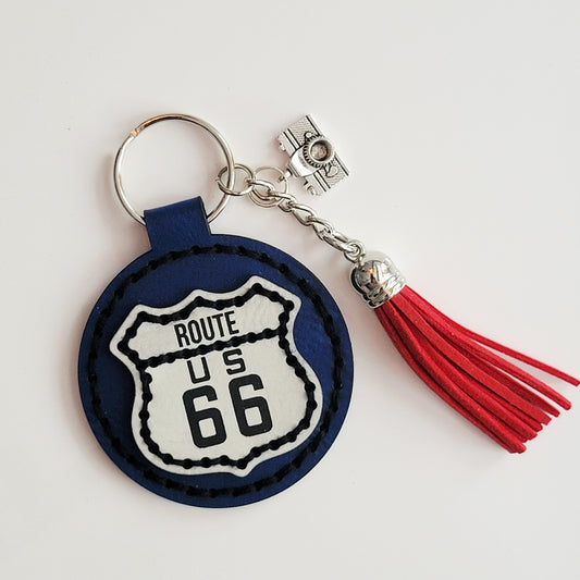Route 66 Navy Round Hand-Stitched Key Ring