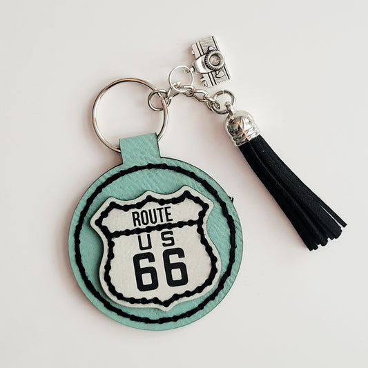 Route 66 Turquoise Round Hand-Stitched Key Ring