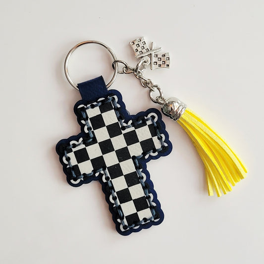 Checkered Cross Hand-Stitched Key Ring