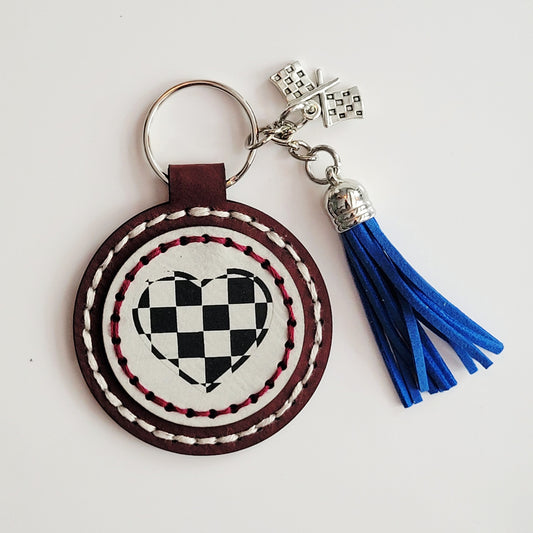 Checkered Heart Round Hand-Stitched Key Ring