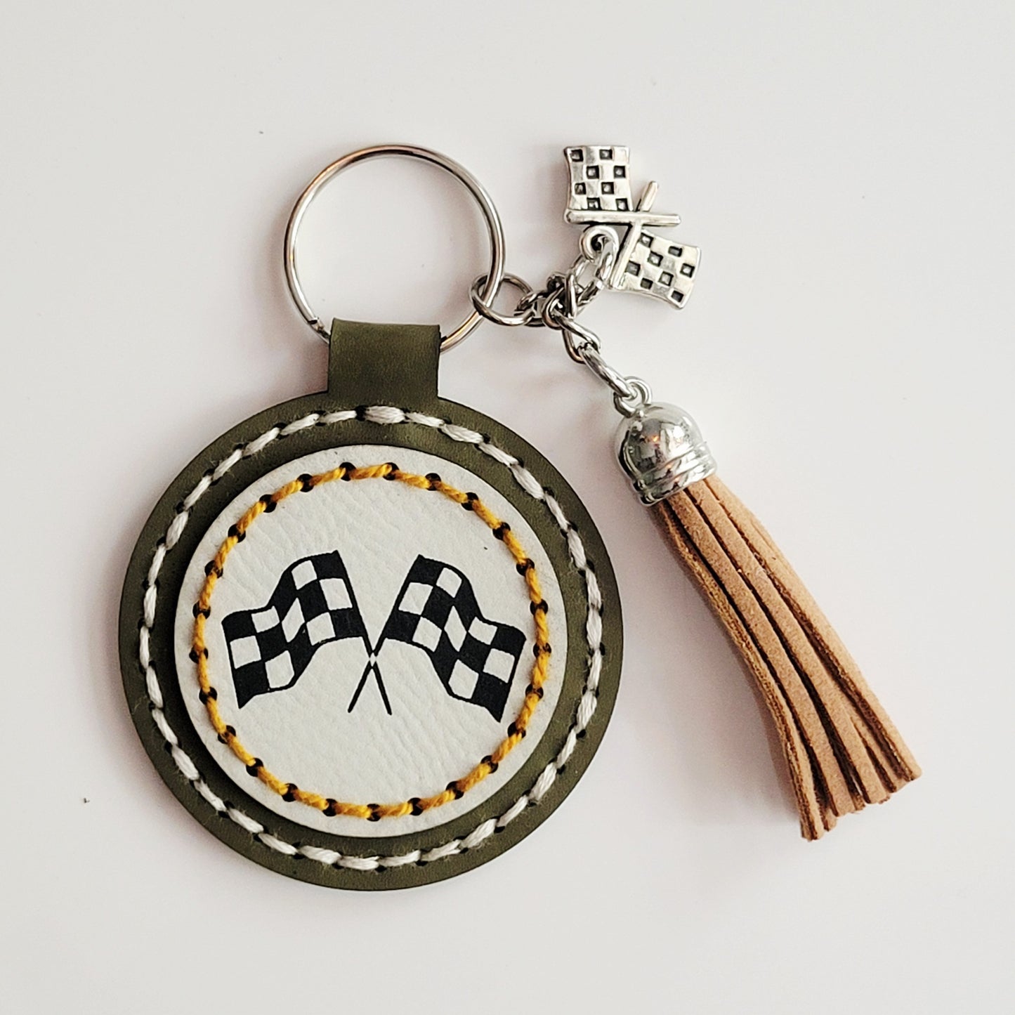 Crossed Checkered Flags Round Hand-Stitched Key Ring