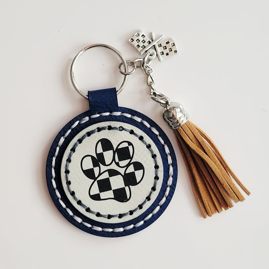 Checkered Paw Print Round Hand-Stitched Key Ring