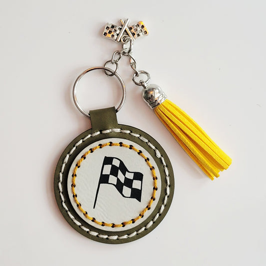 Checkered Flag Round Hand-Stitched Key Ring