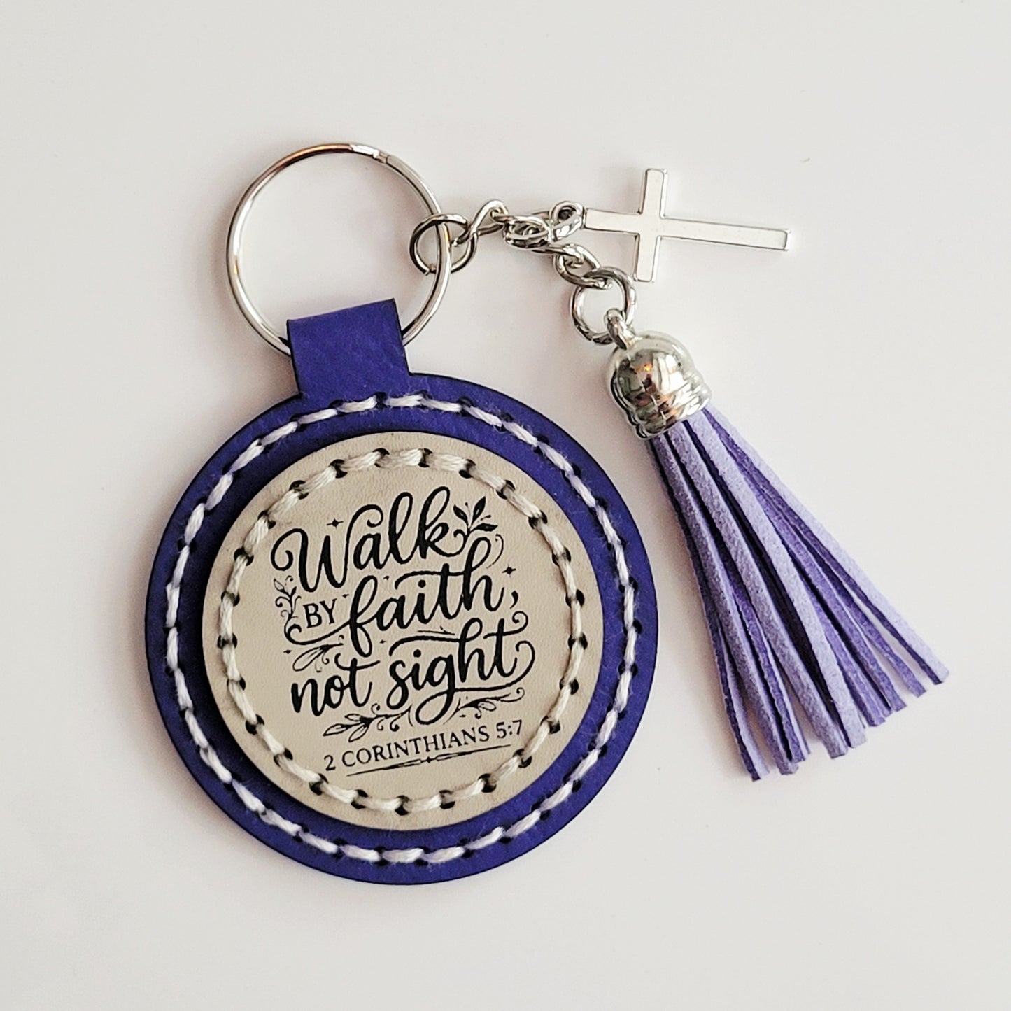 Walk by Faith Round Hand-Stitched Key Ring