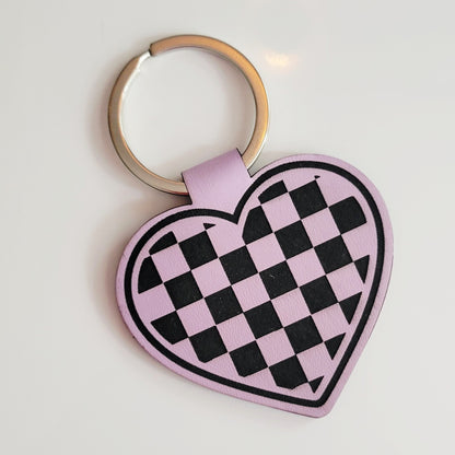 Checkered Heart Leatherette Key Fob