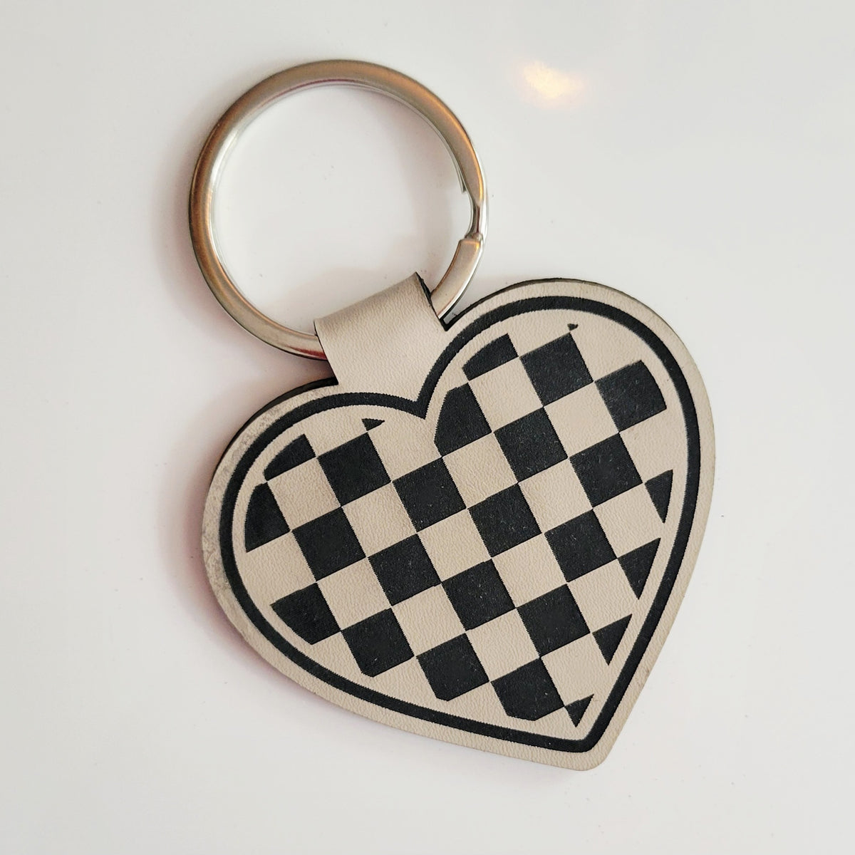Checkered Heart Leatherette Key Fob