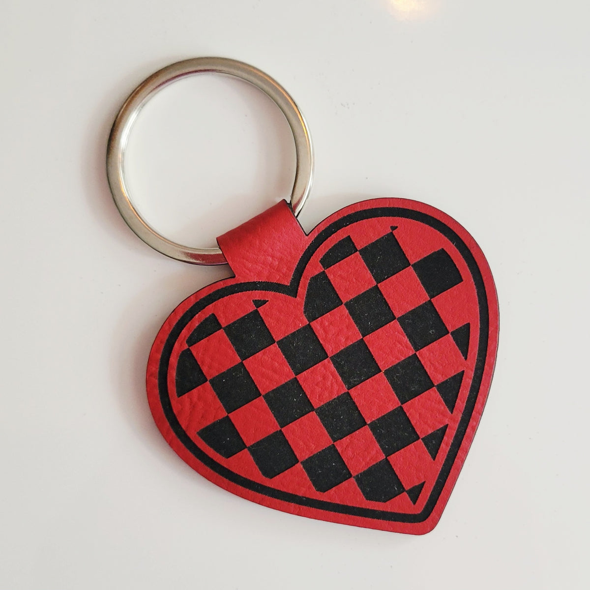 Checkered Heart Leatherette Key Fob