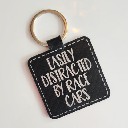 Easily Distracted by Race Cars Leatherette Key Fob